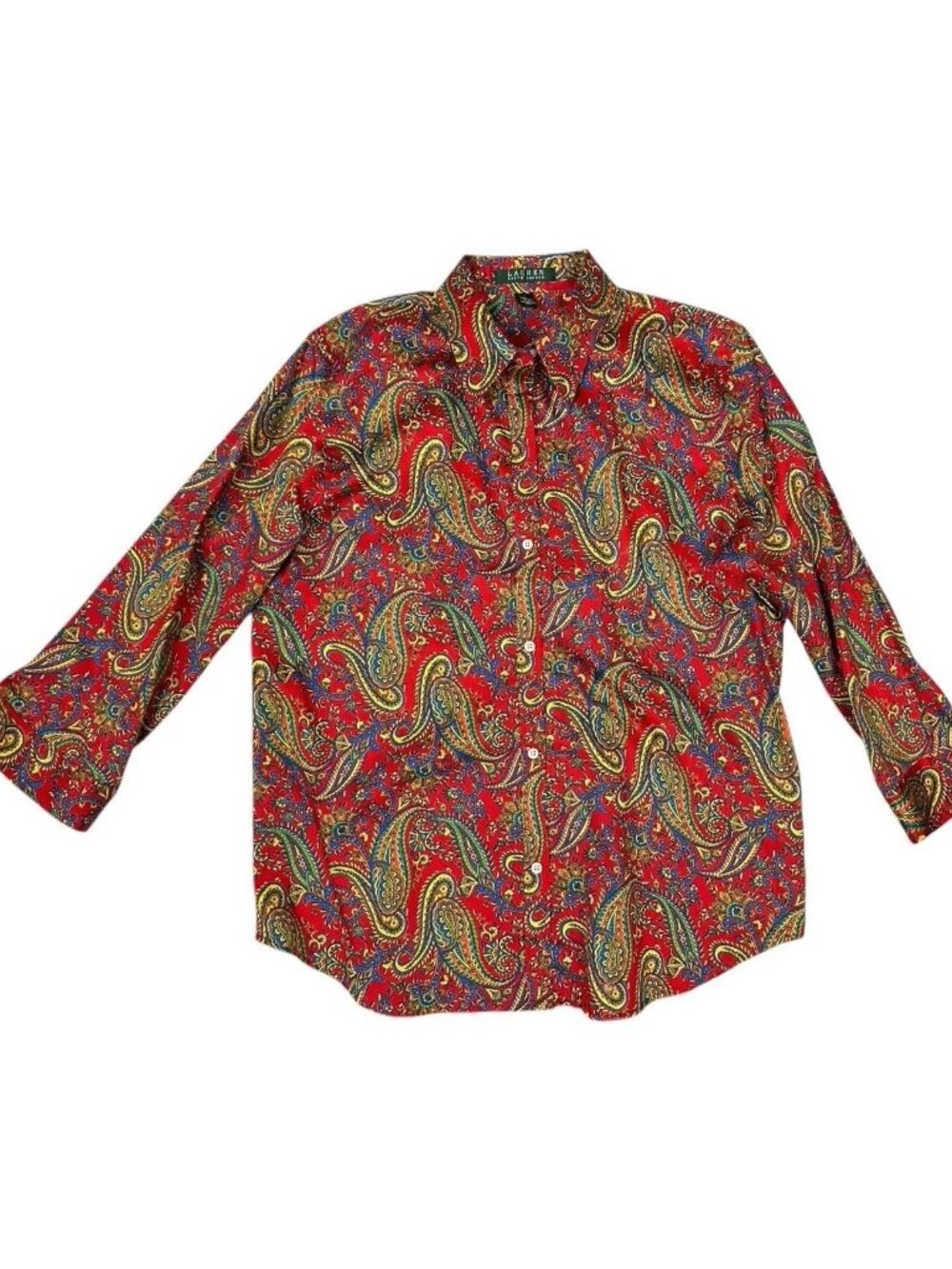 Lauren Ralph Lauren Shirt Womens L Red Paisley Button Front Cotton Southwestern